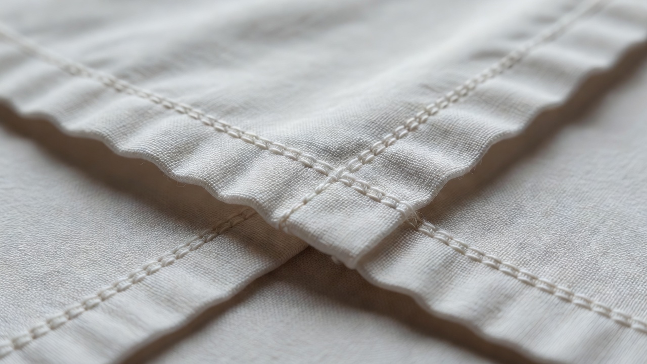 A folded cotton hem with a straight line of stitching and a pressed edge