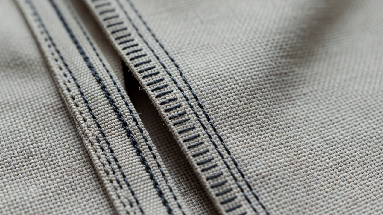 Close view of zipper tape stitched evenly beside a woven fabric opening